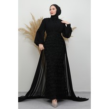 Güllü Şifon Pelerin Abiye Siyah