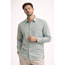 Danger Premium Flamlı Pamuklu Keten Görünümlü Erkek Gömlek Petrol Yeşili