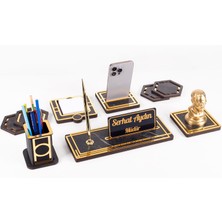 Ofistike Space+Atatürk Büstü Gold Ahşap Masa Isimliği Seti Mermer Desenli Ofis Hediyesi Masa Üstü Isimlik