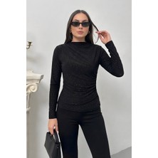 Spirituel Kadın Bluz Taşlı Drapeli Uzun Kollu Sandy Kumaş Kısa Şık Bluz