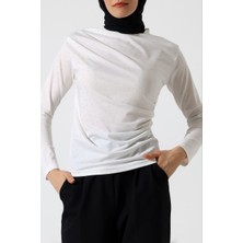 AKD Atelier Kadın Bluz Taşlı Drapeli Uzun Kollu Sandy Kumaş Kısa Şık Bluz
