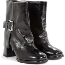 Rella Siyah Hakiki Deri Kadın Bilek Bot – Tokalı Kalın Topuklu Şık Günlük Bot