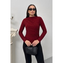 Spirituel Kadın Bluz Taşlı Drapeli Uzun Kollu Sandy Kumaş Kısa Şık Bluz