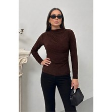 Spirituel Kadın Bluz Taşlı Drapeli Uzun Kollu Sandy Kumaş Kısa Şık Bluz