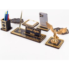 Ofistike Space+Anka Kuşu Biblolu Gold Ahşap Masa Isimliği Seti Mermer Desenli Ofis Hediyesi Masa Üstü Isimlik