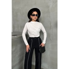 Spirituel Kadın Bluz Drapeli Uzun Kollu Sandy Kumaş Yüksek Yakalı Likralı Bluz