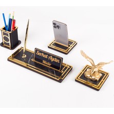 Ofistike Vista Kartal Biblolu Gold Ahşap Masa Isimliği Seti Mermer Desenli Ofis Hediyesi Masa Üstü Isimlik
