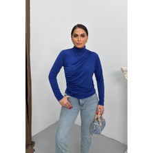 Spirituel Kadın Bluz Drapeli Uzun Kollu Sandy Kumaş Yüksek Yakalı Likralı Bluz