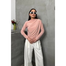 Spirituel Kadın Bluz Drapeli Uzun Kollu Sandy Kumaş Yüksek Yakalı Likralı Bluz