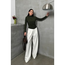 Spirituel Kadın Bluz Drapeli Uzun Kollu Sandy Kumaş Yüksek Yakalı Likralı Bluz