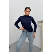 Spirituel Kadın Bluz Drapeli Uzun Kollu Sandy Kumaş Yüksek Yakalı Likralı Bluz