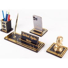 Ofistike Vista Atatürk Biblolu Gold Ahşap Masa Isimliği Seti Mermer Desenli Ofis Hediyesi Masa Üstü Isimlik