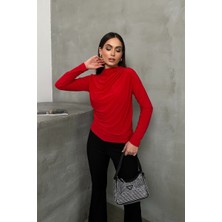 Spirituel Kadın Bluz Drapeli Uzun Kollu Sandy Kumaş Yüksek Yakalı Likralı Bluz