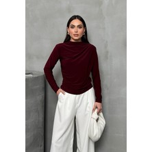 Spirituel Kadın Bluz Drapeli Uzun Kollu Sandy Kumaş Yüksek Yakalı Likralı Bluz