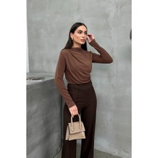 Spirituel Kadın Bluz Drapeli Uzun Kollu Sandy Kumaş Yüksek Yakalı Likralı Bluz