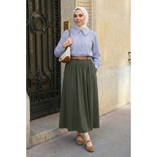 inStyle Büzgülü Kemerli Haki Modal Etek