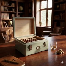 Mezmob Ispanyol Sedir Humidor Puro Kutusu Baskı Kilitli Fitilli Haki Yeşil Lake Boya Analog