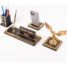 Ofistike Vista Anka Kuşu Biblolu Gold Ahşap Masa Isimliği Seti Mermer Desenli Ofis Hediyesi Masa Üstü Isimlik