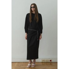 Suud Collection Siyah Fey Kuşaklı Penye Elbise