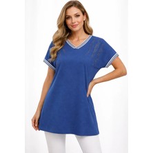 BezeXL Büyük Beden Taşlı Çizgili Bluz Lacivert