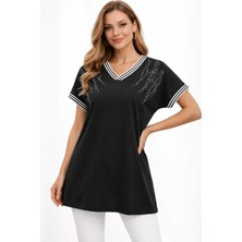 BezeXL Büyük Beden Taşlı Çizgili Bluz Siyah