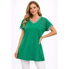 BezeXL Büyük Beden Taşlı Çizgili Bluz Yeşil