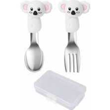 Jojobebek Figürlü Açık Gri Premium Çocuk Bpa Free Silikon Saplı Paslanmaz Çelik Uçlu Çatal-Kaşık, (9+ Ay)