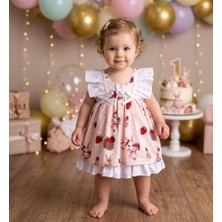 Bebeva Baby Kız Bebek Pudra Pembe Tavşan ve Çilek Desenli Fırfırlı Butik Elbise
