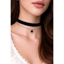 Liora De Mar Minimal Siyah Kadife Choker & Kalp Detaylı Zincir Kolye – Zarif ve Şık Tasarım