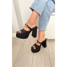 Asmi Shoes Kadın Soha Siyah Toka Detaylı 12 cm Ortopedik Platform Topuklu Terlik  Siyah