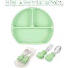 Jojobebek Vakumlu Silikon Mama Tabağı, Paslanmaz Çelik Çatal, Kaşık ve Saklama Kutusu (Yeşil)