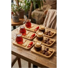 Leylart 'lı 12PARÇA Bambu Tabaklı Borosilikat Cam Kulplu Bardak 200 ml Cam Çay ve Kahve Bardağı