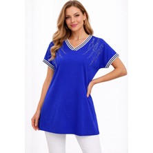 BezeXL Büyük Beden Taşlı Çizgili Bluz Saks