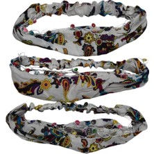 Lastikli Bandana Paraşüt Model Saç Bandı 3 Lü Çiçekli Boncuklu Set
