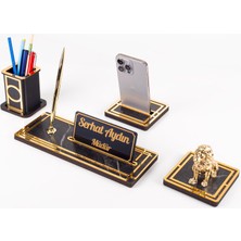 Ofistike Vista Aslan Biblolu Biblolu Gold Ahşap Masa Isimliği Seti Mermer Desenli Ofis Hediyesi Masa Üstü Isimlik