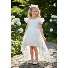 Gala Stil Gala Dantelli Krem Arkası Uzun Önü Kısa Çocuk Elbise