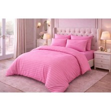 Vionetta Pamuk Saten Pembe Çizgili Otel Serisi Lastikli Çarşaflı Çift Kişilik Nevresim Takımı