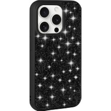 FLAMENKO Apple iPhone 15 Pro Max Kılıf Parlak Taşlı Tasarım Flmk Pırlanta Kapak-Siyah