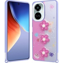 FLAMENKO Tecno Camon 19 Kılıf Parlayan Sıvılı Simli Kabartma Figürlü Flmk Cevze Kapak-Mor Papatya