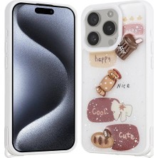 FLAMENKO Apple iPhone 15 Pro Kılıf Parlayan Sıvılı Simli Kabartma Figürlü Flmk Cevze Kapak-Beyaz