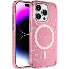 FLAMENKO Apple iPhone 15 Pro Kılıf Magsafe Şarj Özellikli Parlayan Simli Saydam Renkli Flmk Allstar Kapak-Pembe