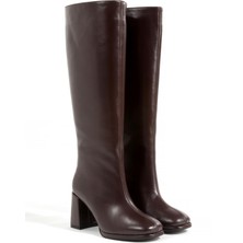 Rella Kahverengi Hakiki Deri Diz Altı Kadın Çizme Kalın Topuklu Şık Günlük Çizme