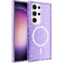 FLAMENKO Galaxy S24 Ultra Kılıf Magsafe Şarj Özellikli Parlayan Simli Saydam Renkli Flmk Allstar Kapak-Mor