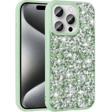 FLAMENKO Apple iPhone 15 Pro Kılıf Parlak Taşlı Tasarım Flmk Linea Diamond Kapak-Açık Yeşil