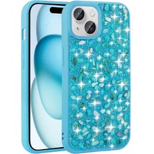 FLAMENKO Apple iPhone 15 Plus Kılıf Parlak Taşlı Tasarım Flmk Linea Kapak-Mavi Açık