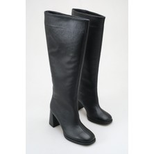 Rella Siyah Hakiki Deri Diz Altı Kadın Çizme Kalın Topuklu Şık Günlük Çizme