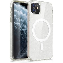 FLAMENKO Apple iPhone 11 Kılıf Magsafe Şarj Özellikli Parlayan Simli Saydam Renkli Flmk Allstar Kapak-Şeffaf