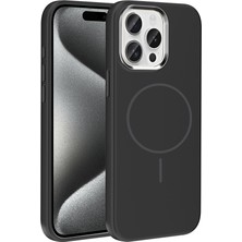 FLAMENKO iPhone 15 Pro Max Kılıf M-Safe Şarj Özellikli Metal Kamera Çerçeveli Zore Edi Silikon Kapak - Siyah