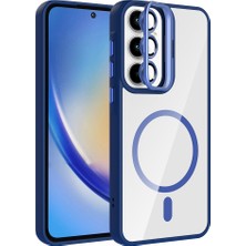 FLAMENKO Galaxy A35 Kılıf Standlı ve Kamera Lens Hediyeli M-Safe Şarj Özellikli Flmk Etro Kapak - Lacivert