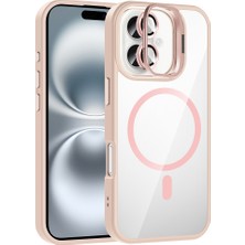 FLAMENKO iPhone 16 Kılıf Standlı ve Kamera Lens Hediyeli M-Safe Şarj Özellikli Flmk Etro Kapak - Pembe